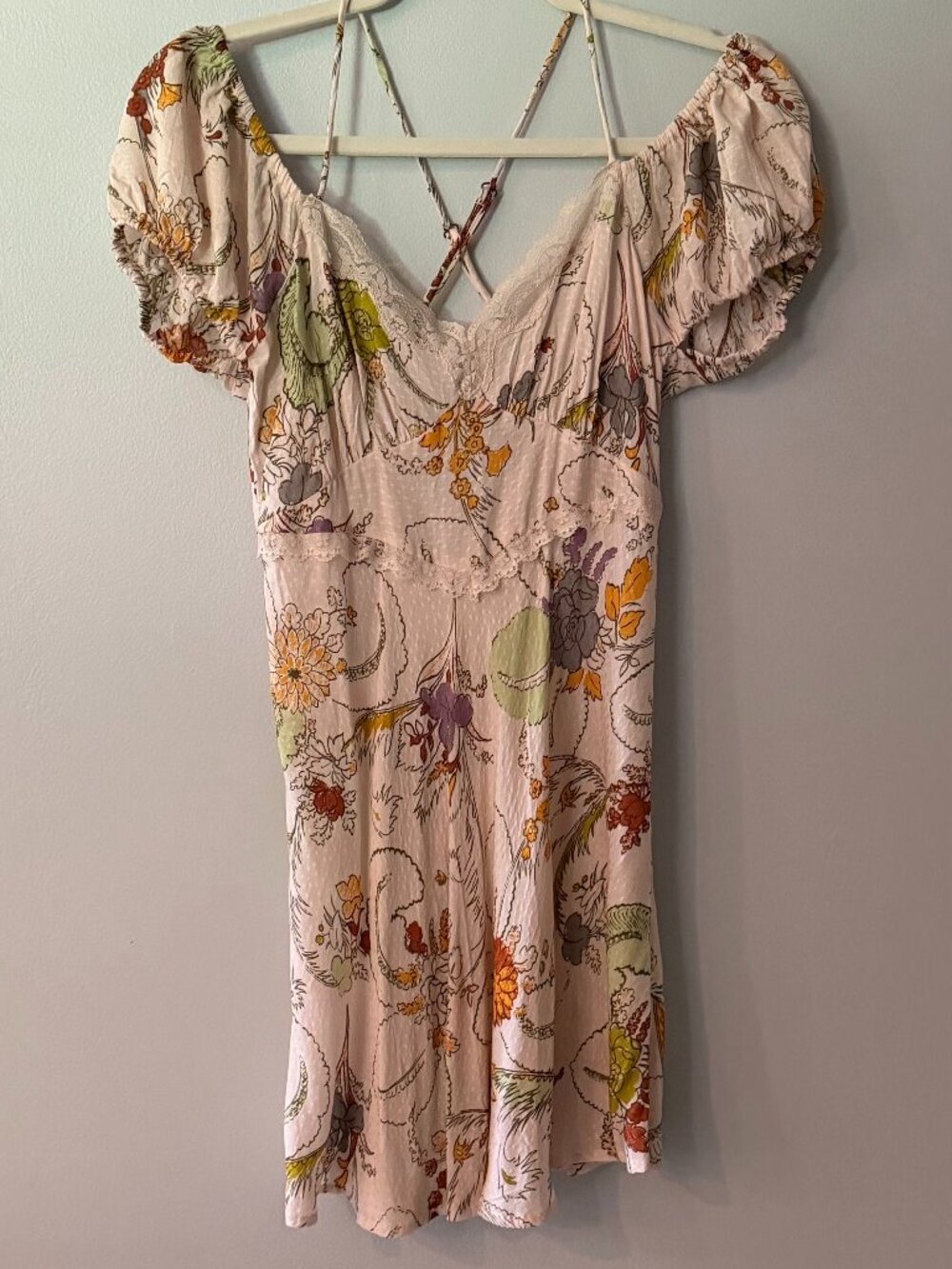 NWT Anthropologie Floral Lace Trim Puff Sleeve Babydoll Mini Dress XSP